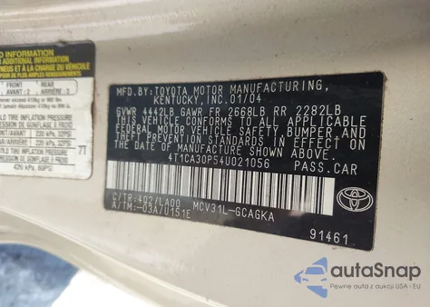 2004 Toyota Camry Solara Sle V6 z USA, uszkodzony, nr VIN 4T1CA30P54U021056